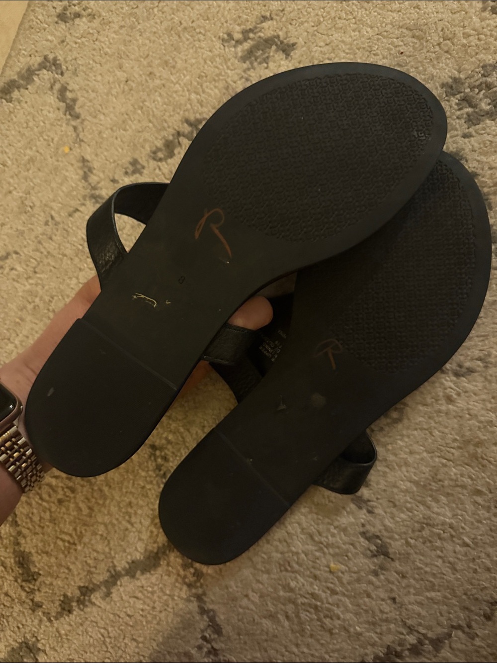 Tory Burch Black Leather Thong Sandals with Gold Logo Medallions - Picture 5 of 7